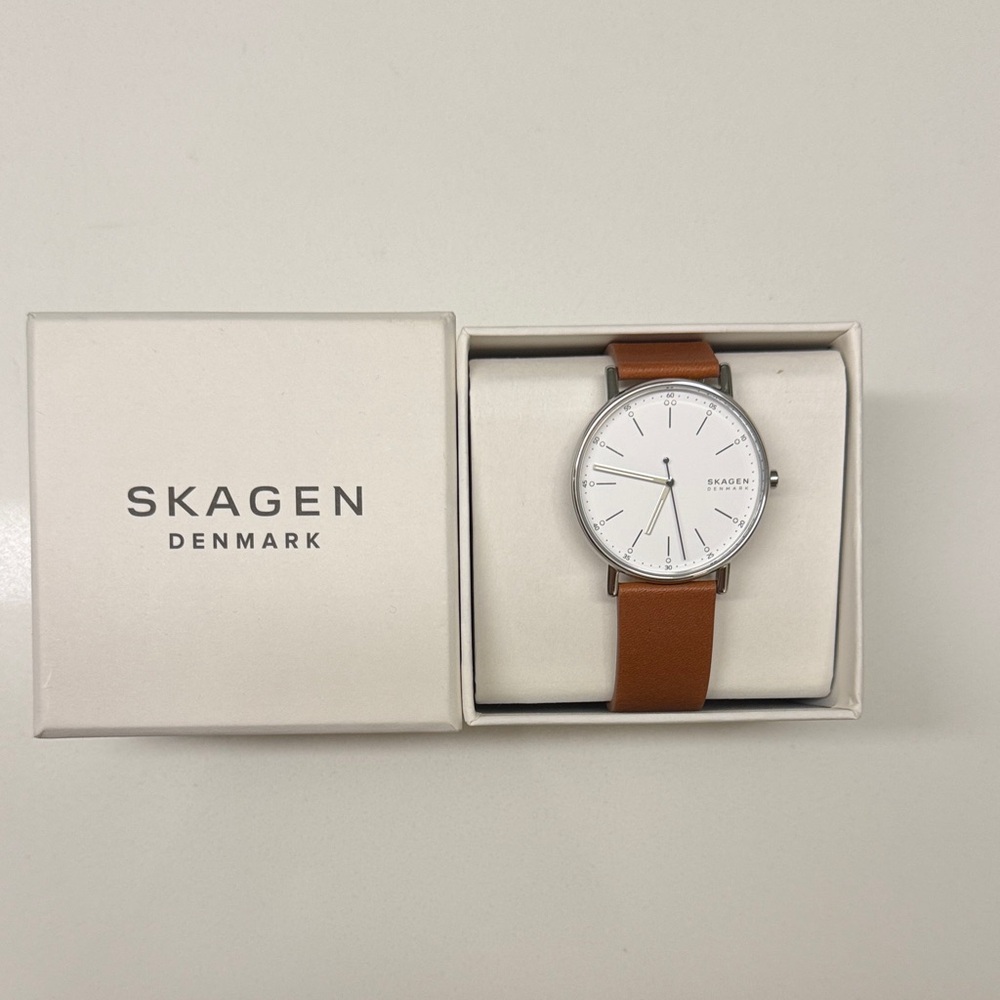 Skagen White Dial Watch with Tan Leather Strap